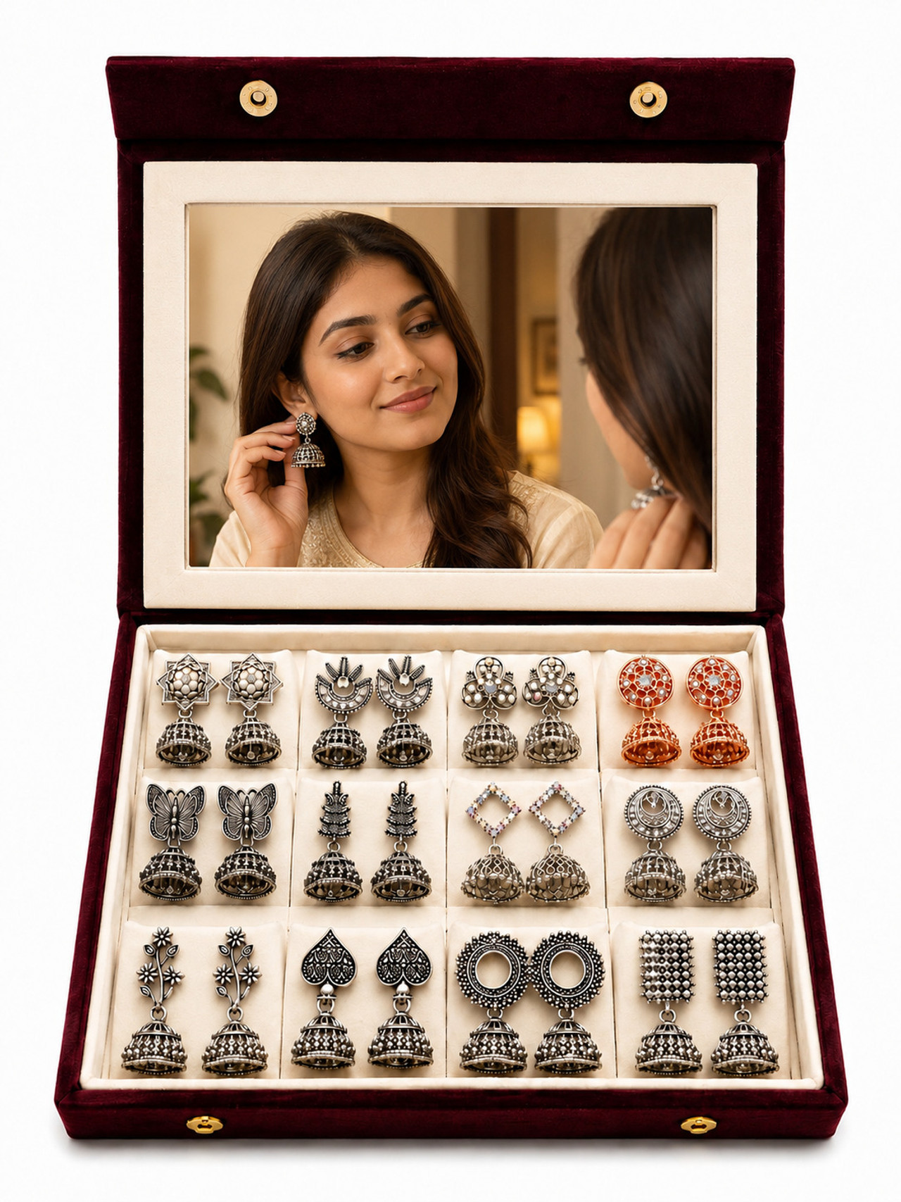 Mirakii Jewels 12 Pair Oxidised Jhumka Earrings Set with Premium Jewellery Mirror Box Cubic Zirconia Alloy Chandbali Earring, Earring Set, Jhumki Earring, Stud Earring, Drops & Danglers