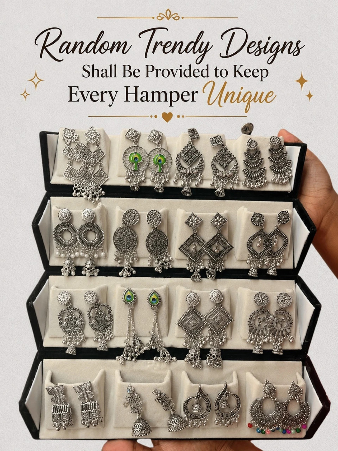 Antico Combo of 16 Pair Silver Oxidised Jaipuri Earrings With Velvet Folding Box Beads, Black Diamond, Crystal, Diamond, Pearl Alloy Jhumki Earring, Drops & Danglers, Stud Earring, Earring Set